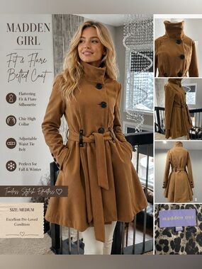 Madden Girl Camel Belted Fit & Flare Coat | High Collar | Size Medium